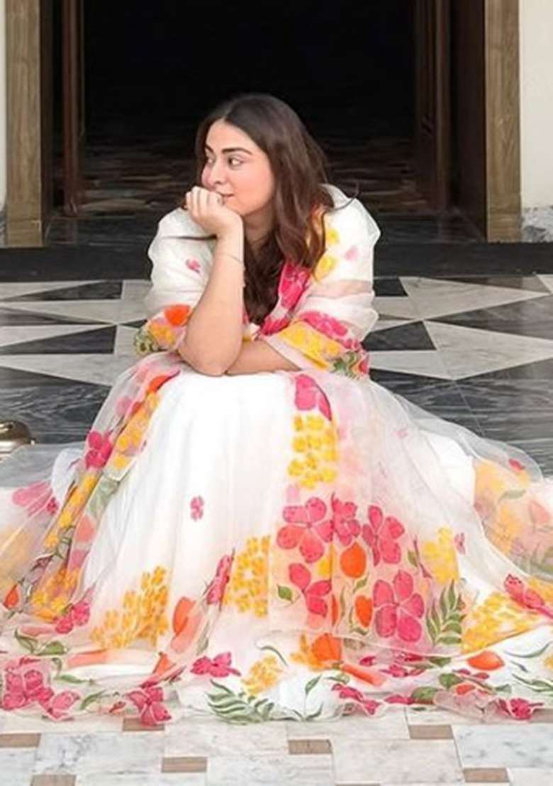 White Printed Organza Lehenga Set - Indya
