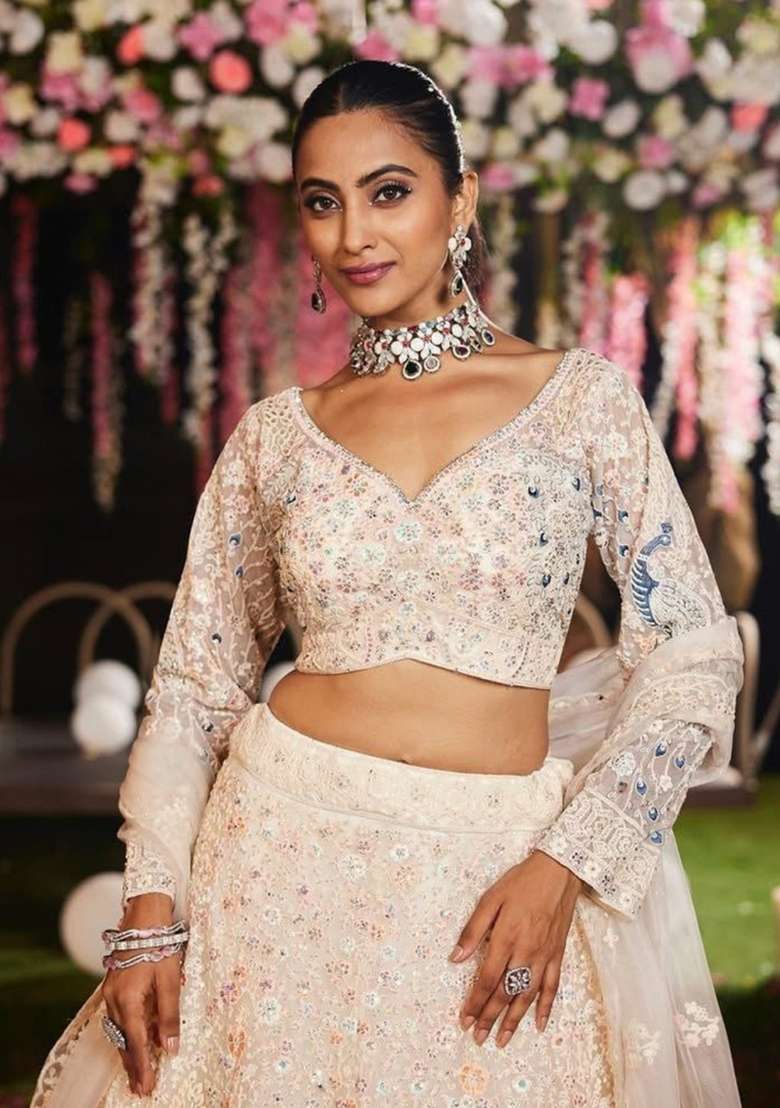 White Embroidered Net Lehenga Set - Indya