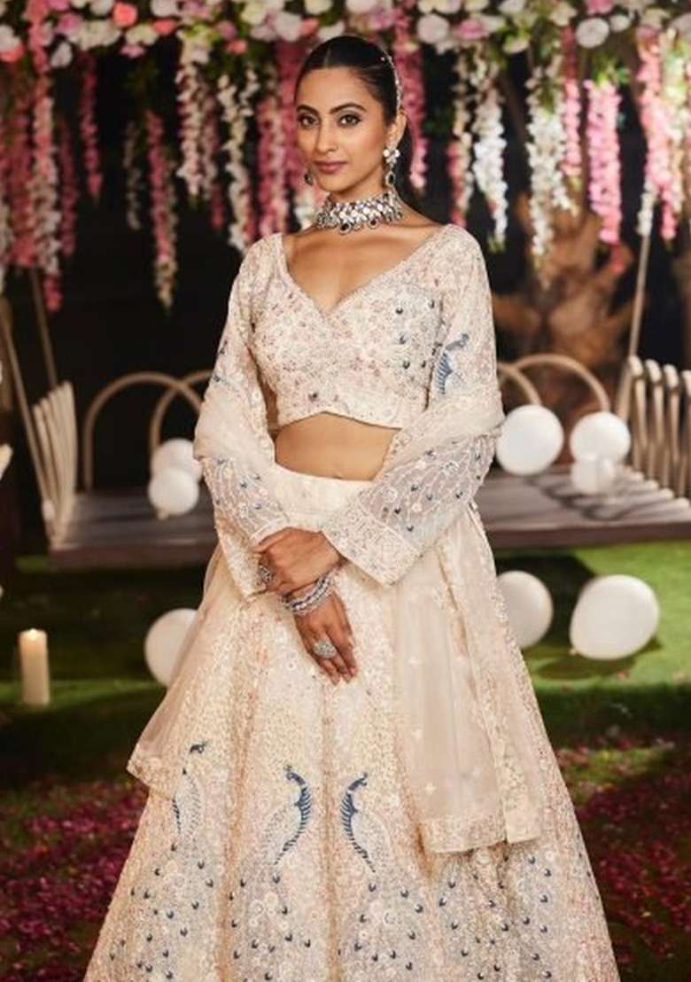 White Embroidered Net Lehenga Set - Indya