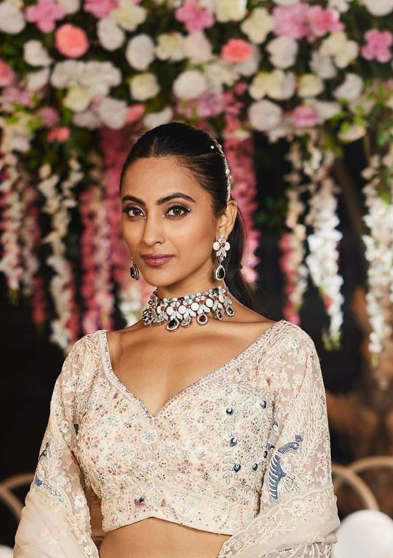 White Embroidered Net Lehenga Set - Indya