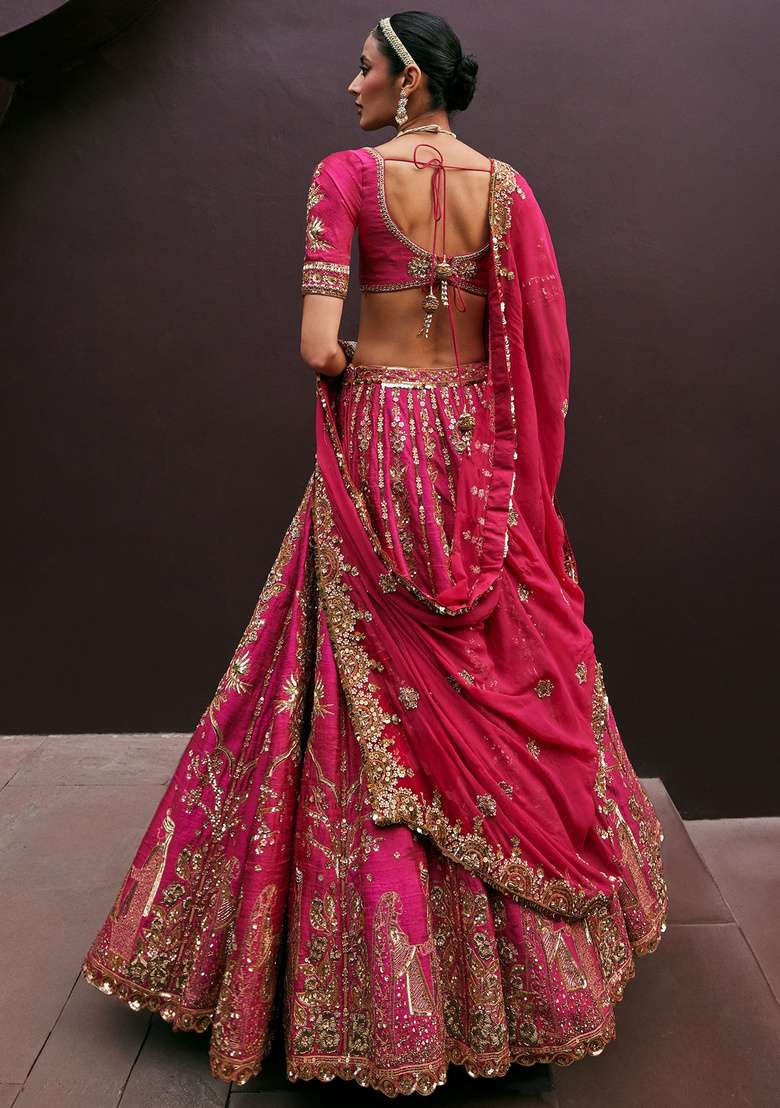 Rani Pink Embroidered Silk Lehenga Set - Indya