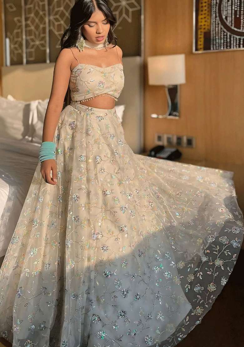 Beige Embroidered Silk Lehenga Set - Indya
