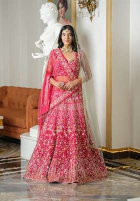 Rani Pink Work Satin Lehenga Set with Sequin for Diwali | Wedding & Festive Wear
