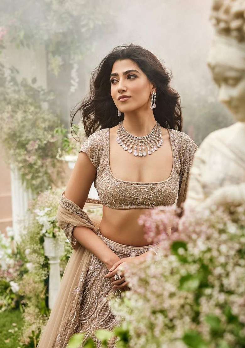 Peach Sequin Work Net Lehenga Set for Diwali and Festive Wear - Indya
