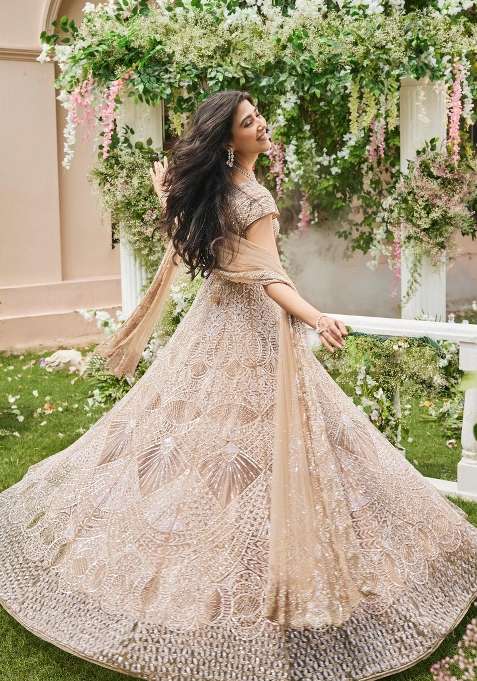 Peach Sequin Work Net Lehenga Set for Diwali and Festive Wear