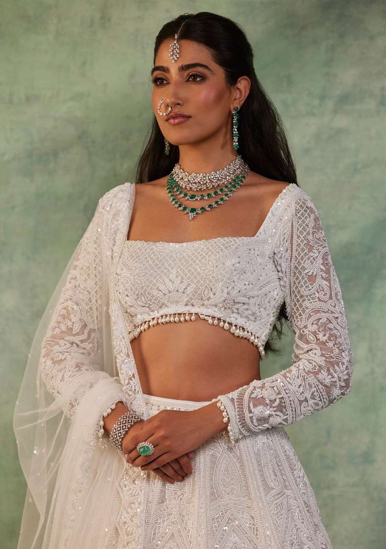 White Embroidered Net Lehenga Set for Diwali and Festive Wear - Indya