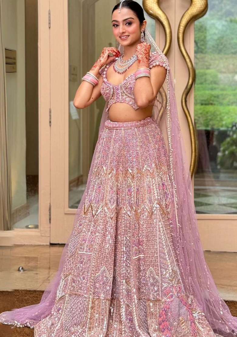 Pink Embroidered Net Lehenga Set - Indya
