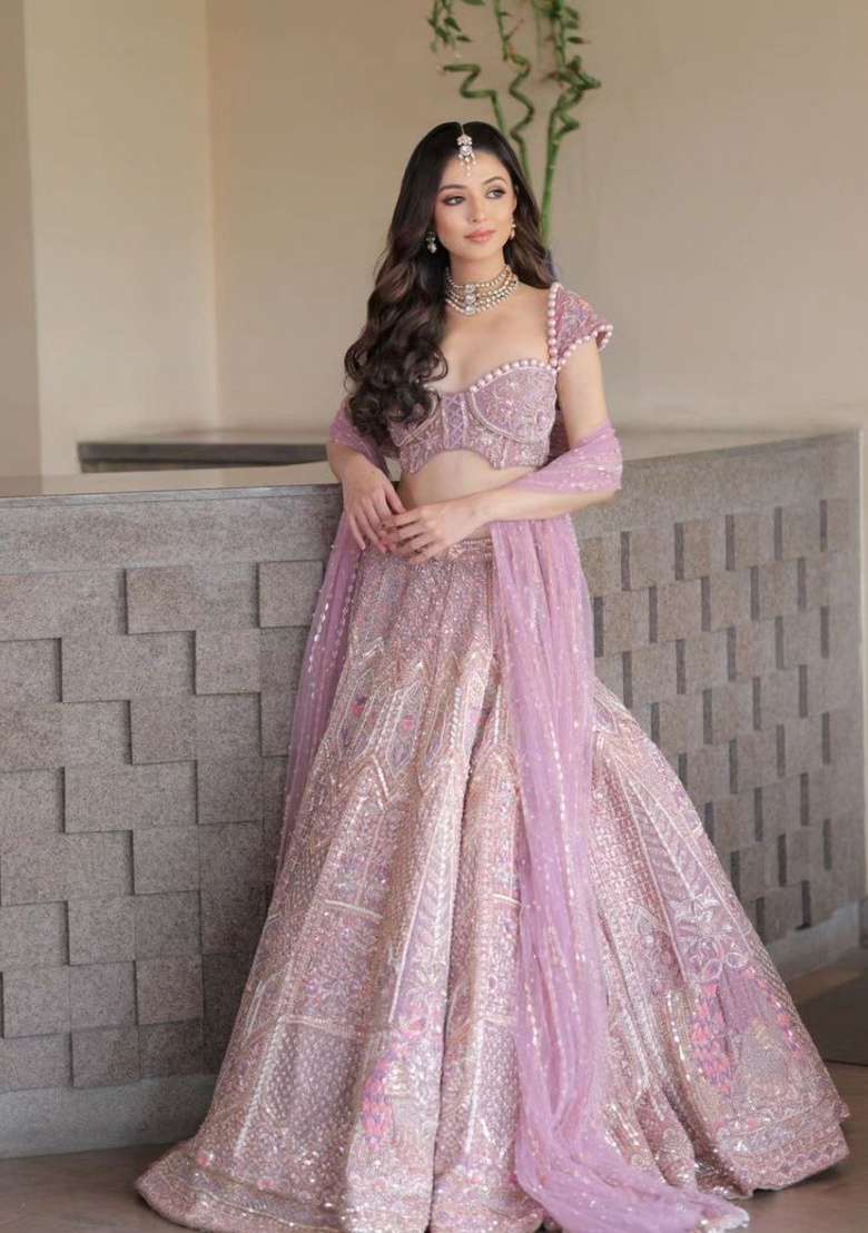 Pink Embroidered Net Lehenga Set - Indya