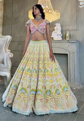 Yellow Embroidered Net Lehenga Set for Diwali and Festive Wear