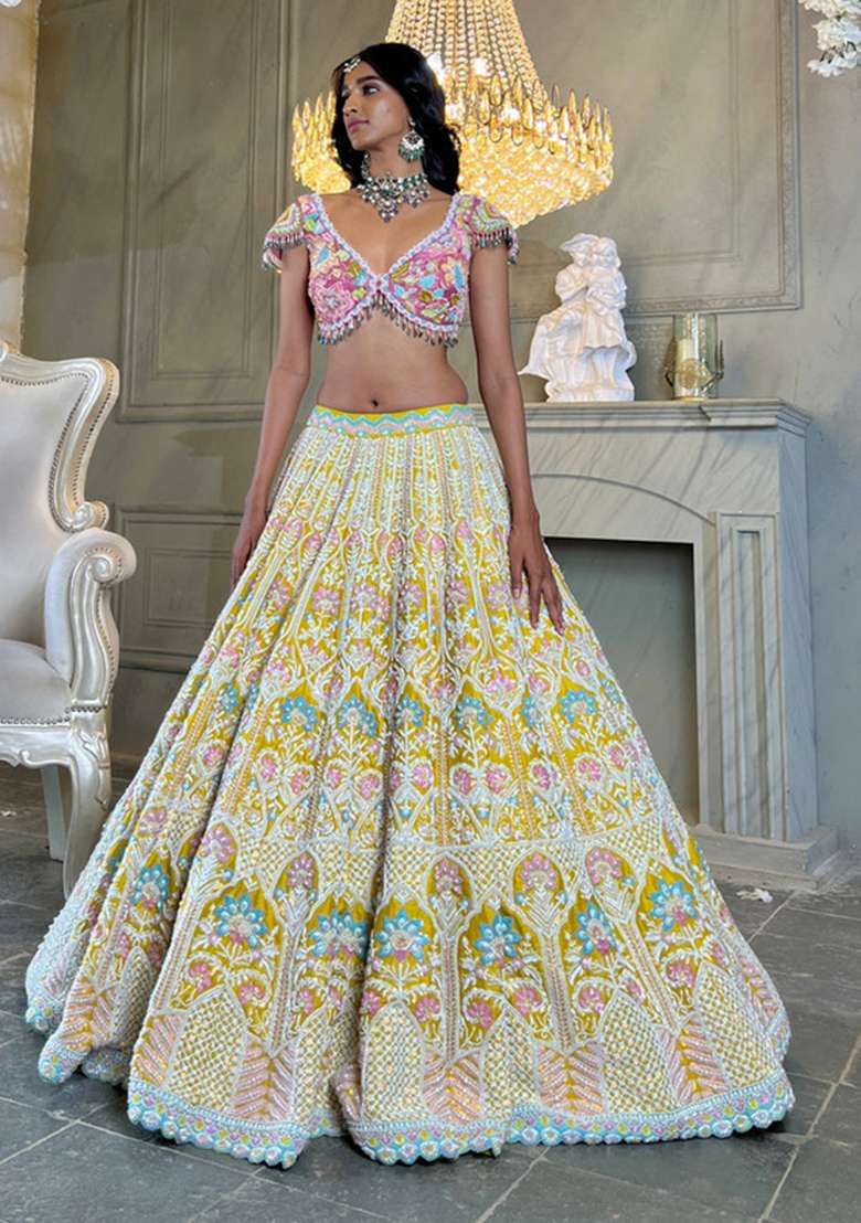 Yellow Embroidered Net Lehenga Set for Diwali and Festive Wear - Indya