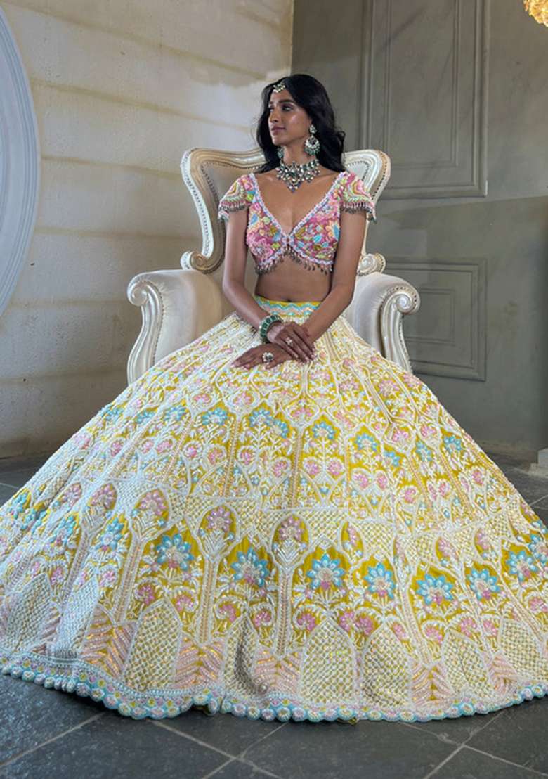 Yellow Embroidered Net Lehenga Set for Diwali and Festive Wear - Indya