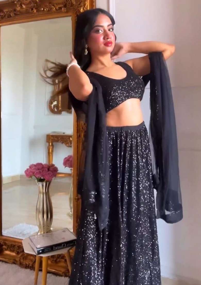 Black Work Georgette Lehenga Set with Sequin for Diwali | Wedding & Festive Wear - Indya