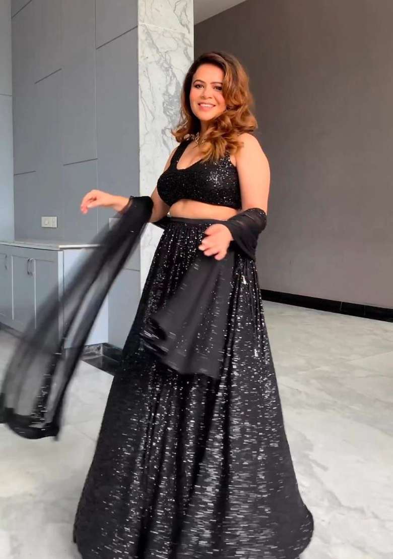 Black Sequin Work Georgette Lehenga Set - Indya