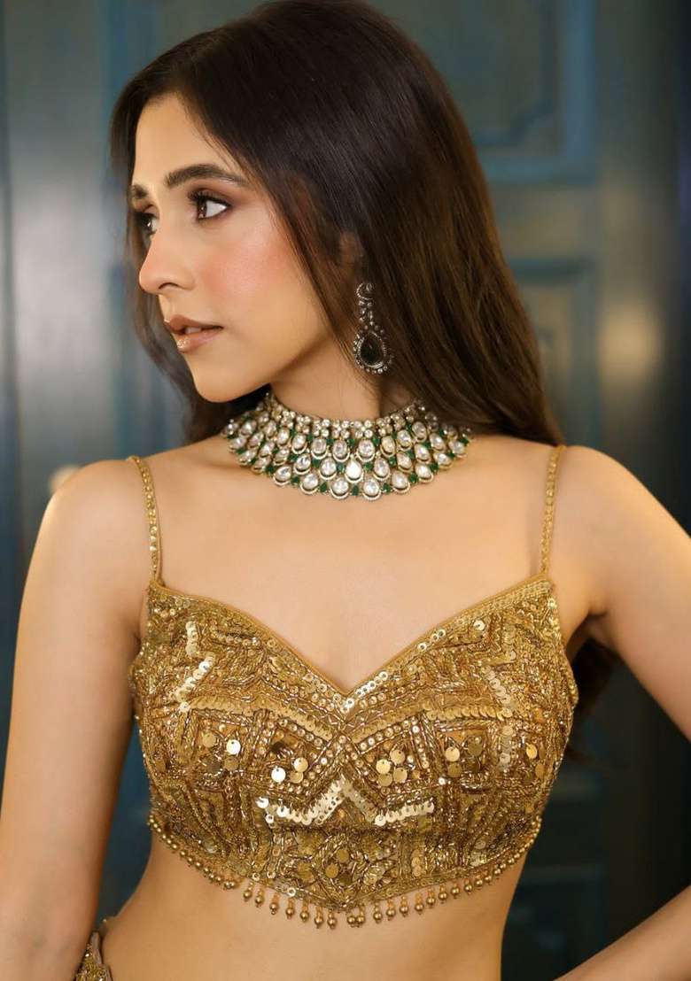Golden Net Lehenga Set with Embroidered for Diwali | Wedding & Festive Wear - Indya