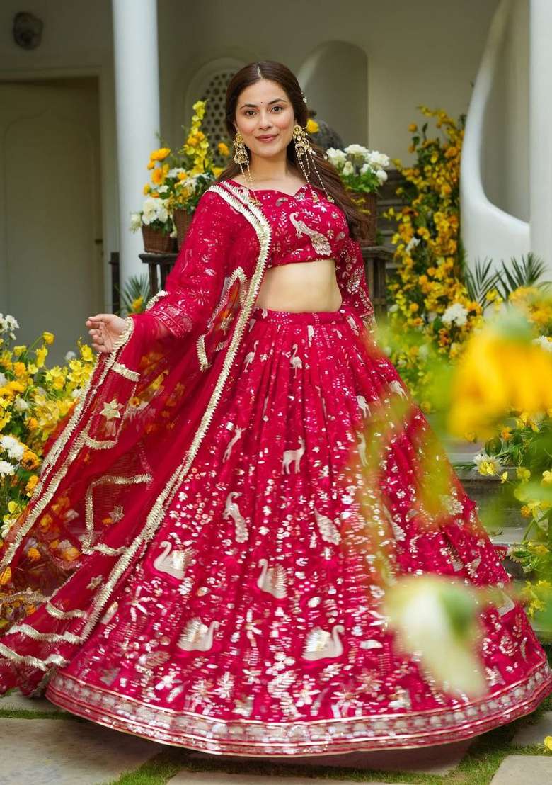Red Embroidered Georgette Lehenga Set for Diwali and Festive Wear - Indya