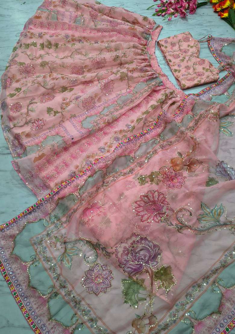 Pink Embroidered Silk Lehenga Set for Diwali and Festive Wear - Indya