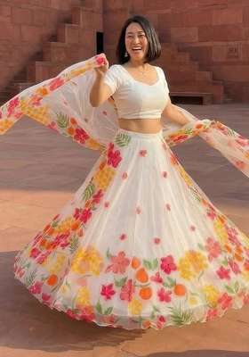 White Organza Lehenga Set with Printed for Diwali | Wedding & Festive Wear