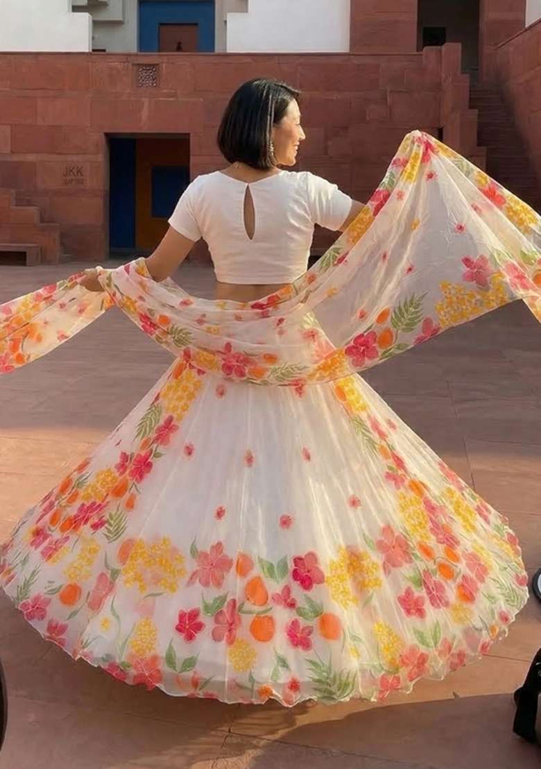 White Printed Organza Lehenga Set - Indya