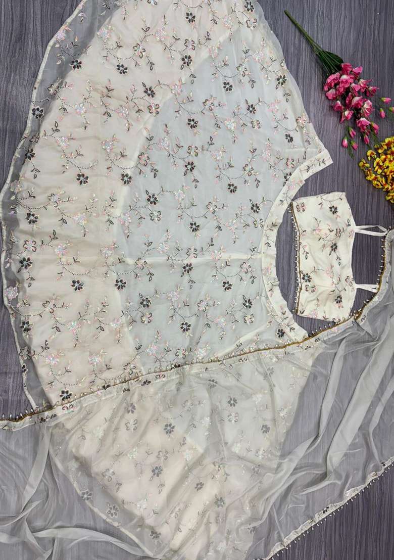 Beige Embellished Silk Lehenga Set - Indya
