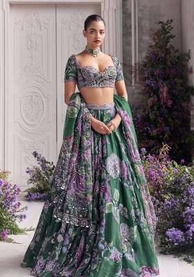 Green Silk Lehenga Set with Embroidered for Diwali | Wedding & Festive Wear