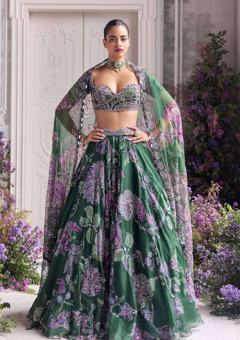 Green Silk Lehenga Set with Embroidered for Diwali | Wedding & Festive Wear - Indya