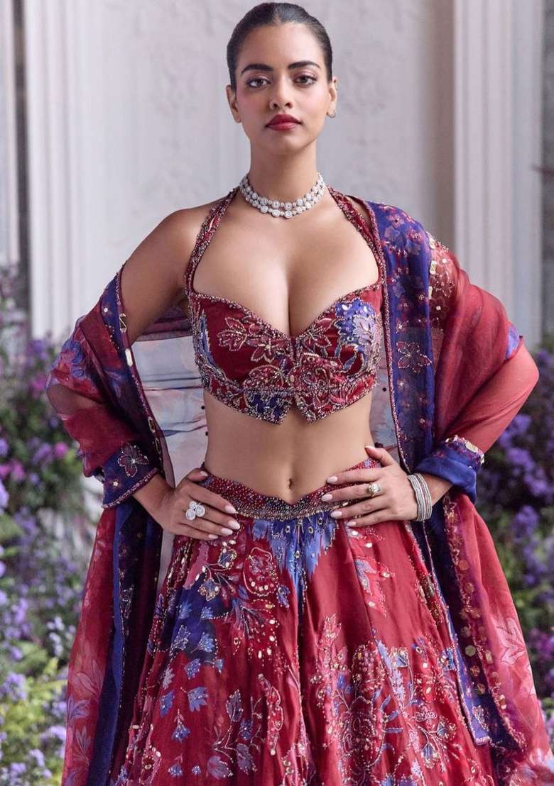 Maroon Embroidered Silk Lehenga Set - Indya