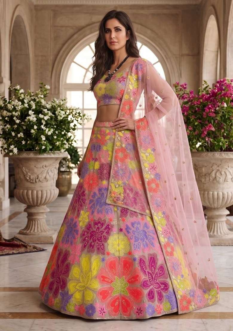 Multicolor Embroidery Georgette Lehenga Set - Indya