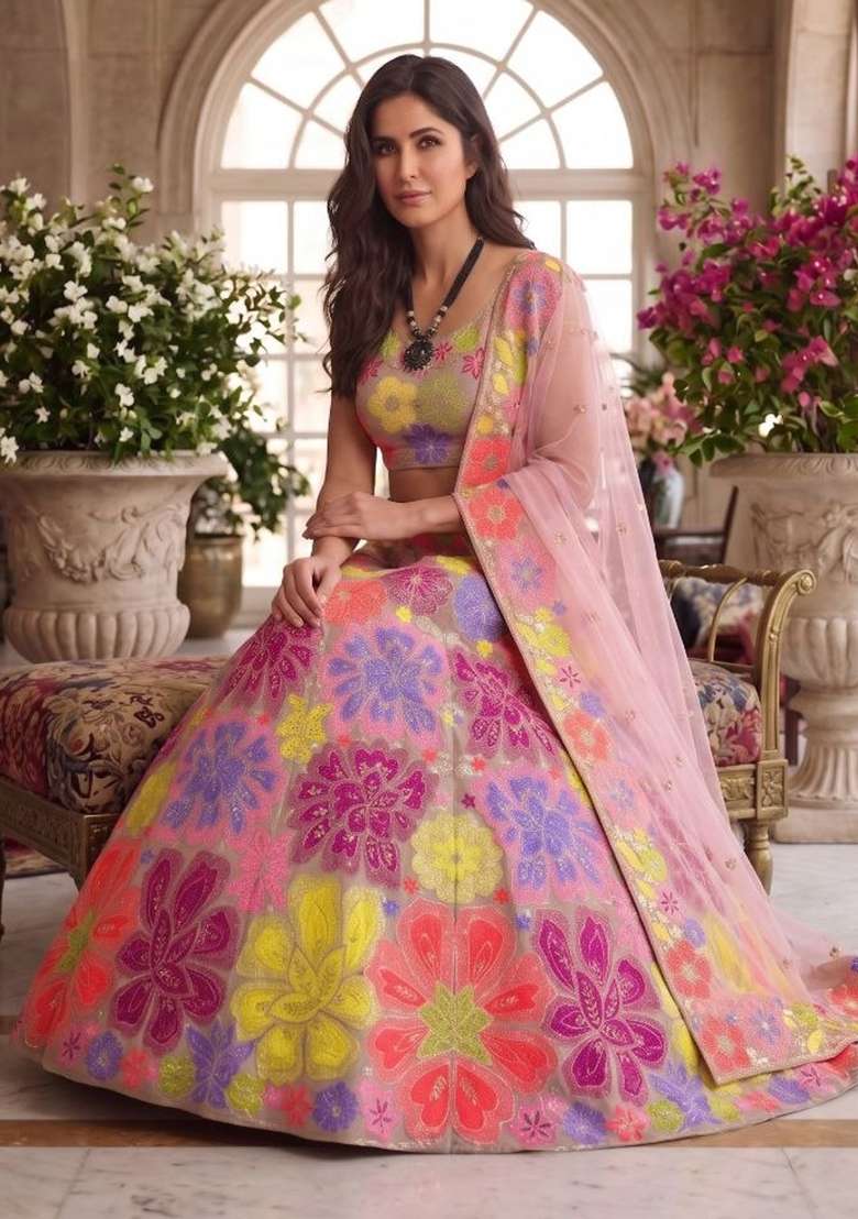 Multicolor Embroidery Georgette Lehenga Set - Indya