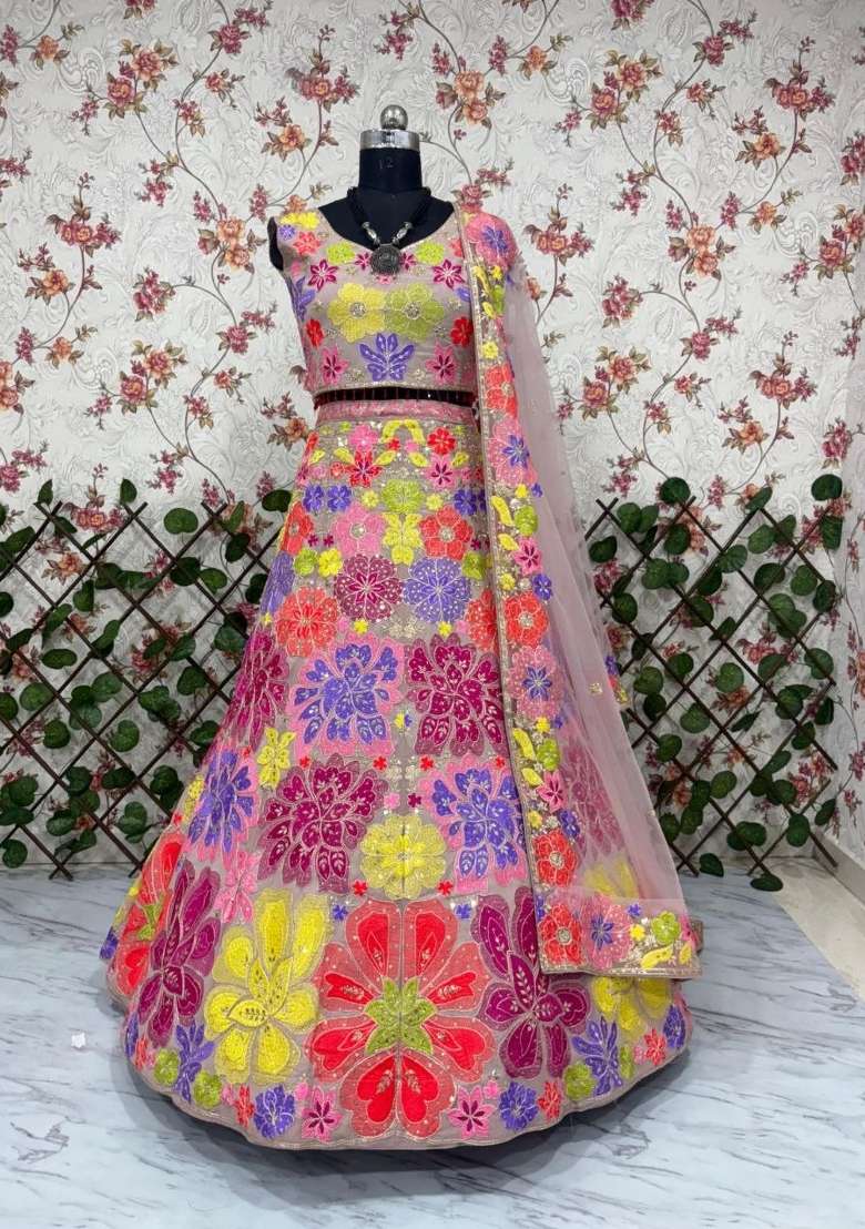 Multicolor Embroidery Georgette Lehenga Set - Indya