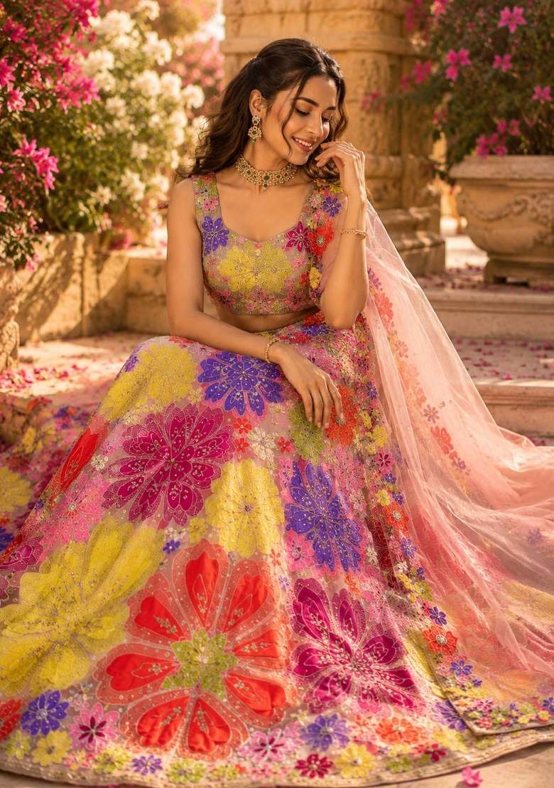 Multicolor Embroidery Georgette Lehenga Set - Indya