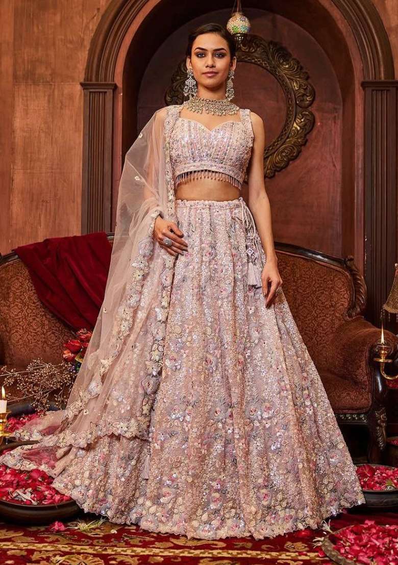Pink Embroidery Georgette Lehenga Set - Indya