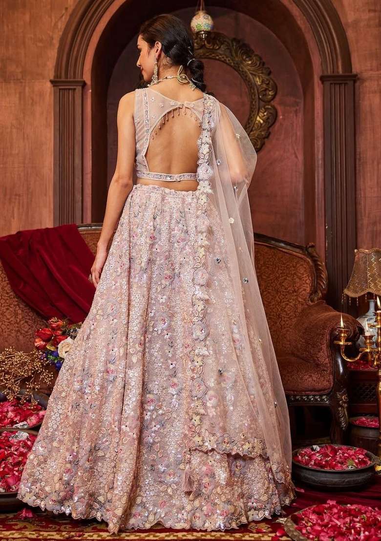 Pink Embroidery Georgette Lehenga Set - Indya
