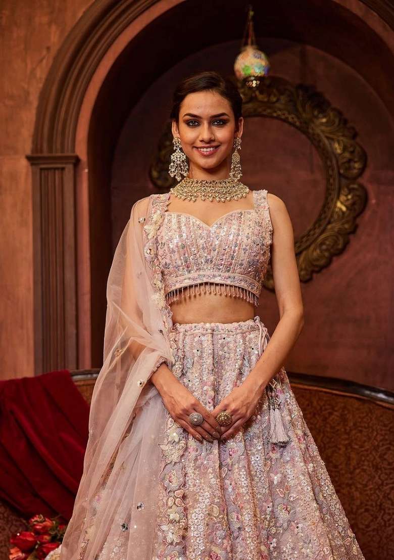 Pink Embroidery Georgette Lehenga Set - Indya