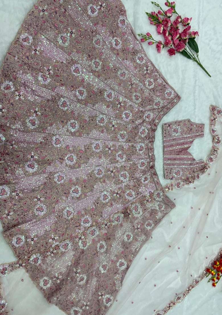 Pink Embroidery Georgette Lehenga Set - Indya