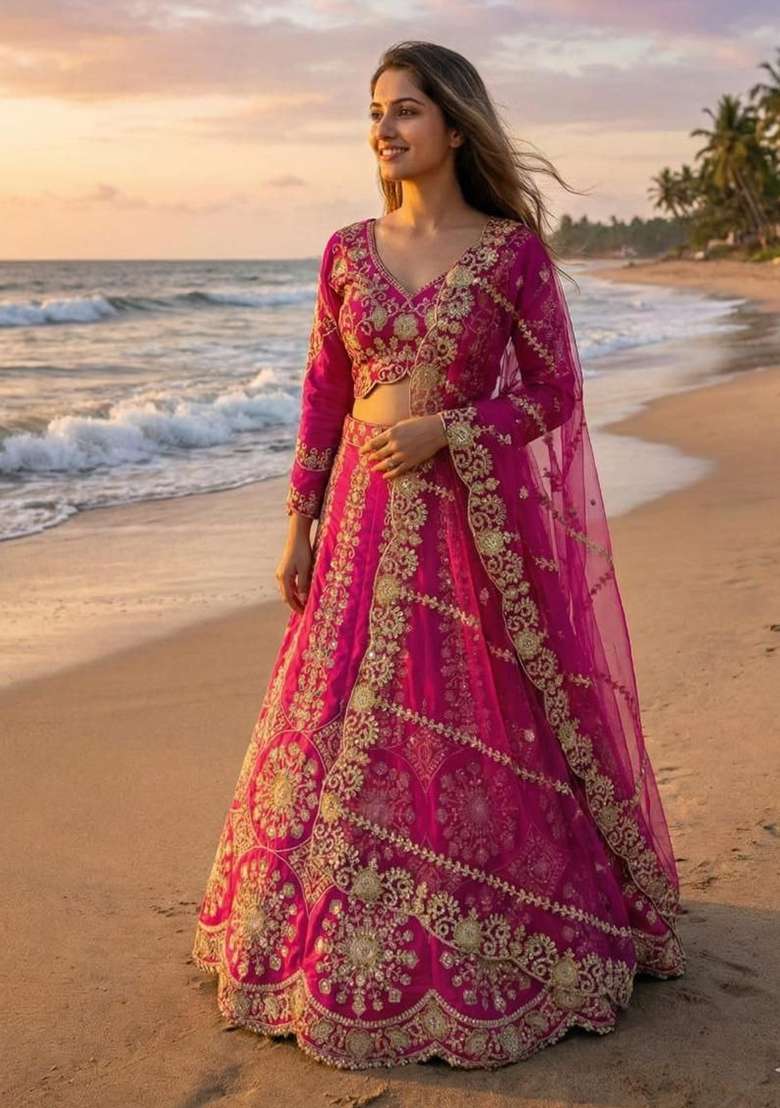 Pink Embroidery Silk Lehenga Set - Indya