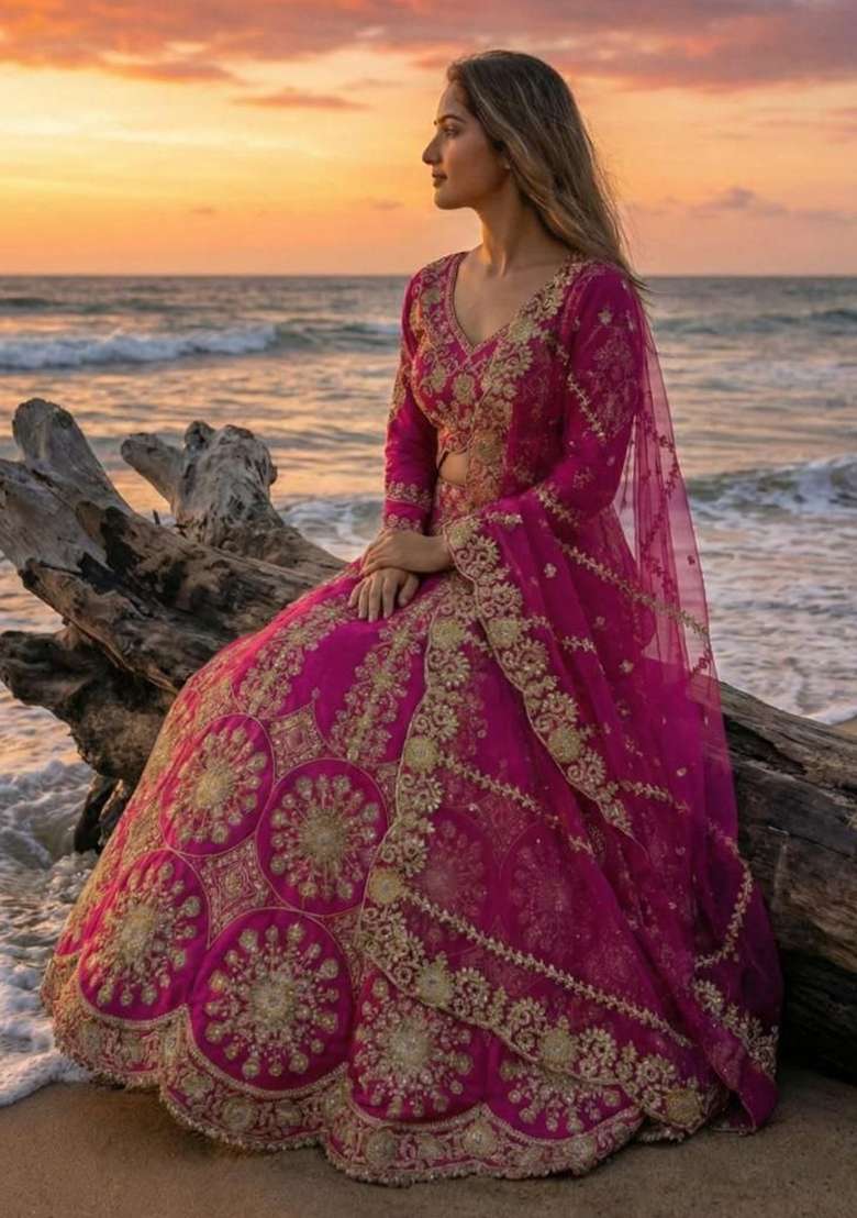 Pink Embroidery Silk Lehenga Set - Indya