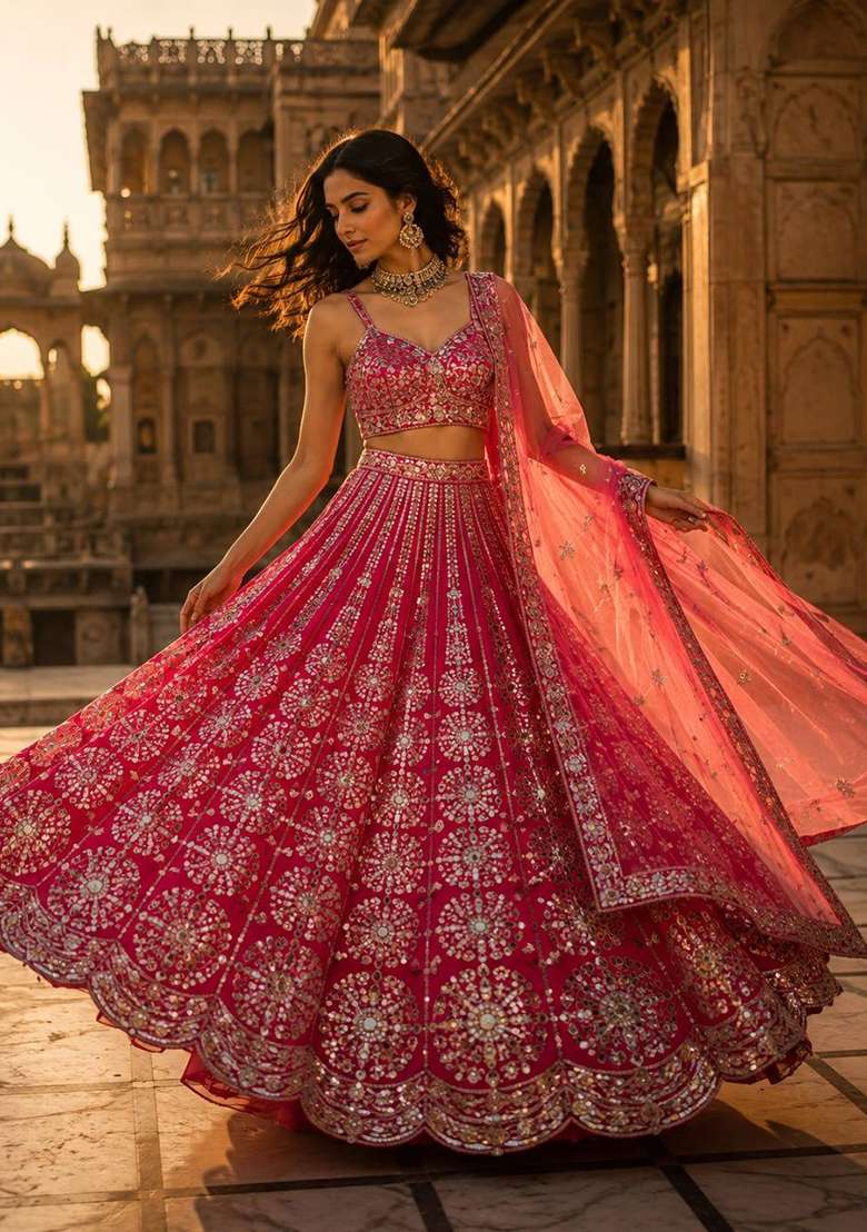 Pink Embroidery Silk Lehenga Set - Indya