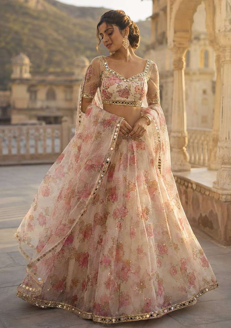 White Embroidery Silk Lehenga Set for Diwali and Festive Wear - Indya
