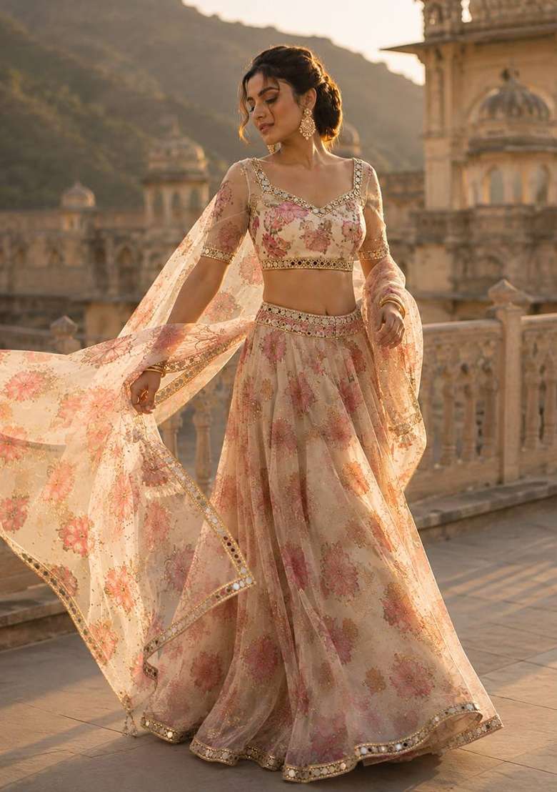 White Embroidery Silk Lehenga Set - Indya
