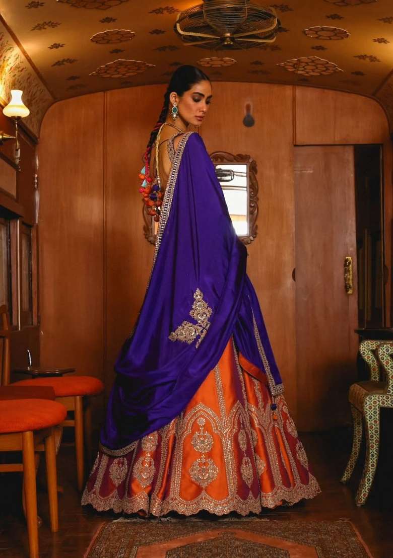 Orange Embroidery Silk Lehenga Set - Indya