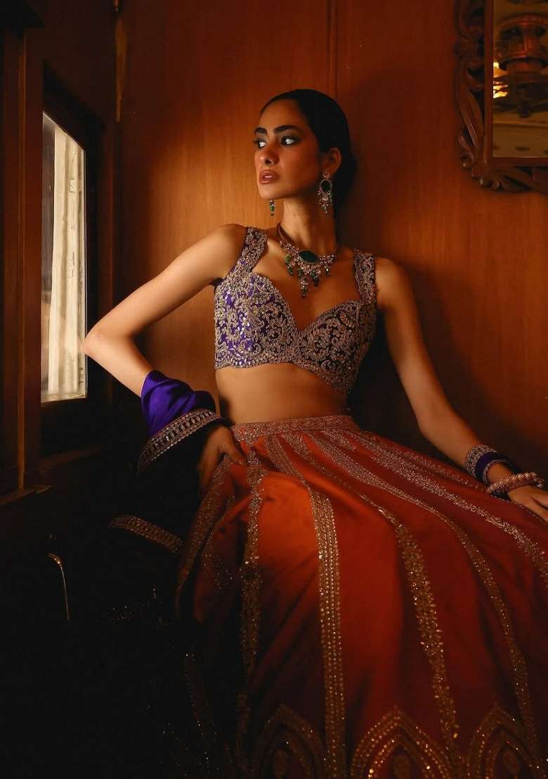 Orange Embroidery Silk Lehenga Set - Indya