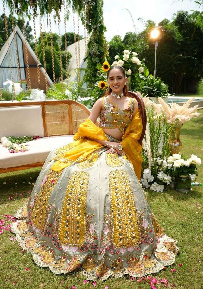 Yellow Embroidery Silk Lehenga Set - Indya