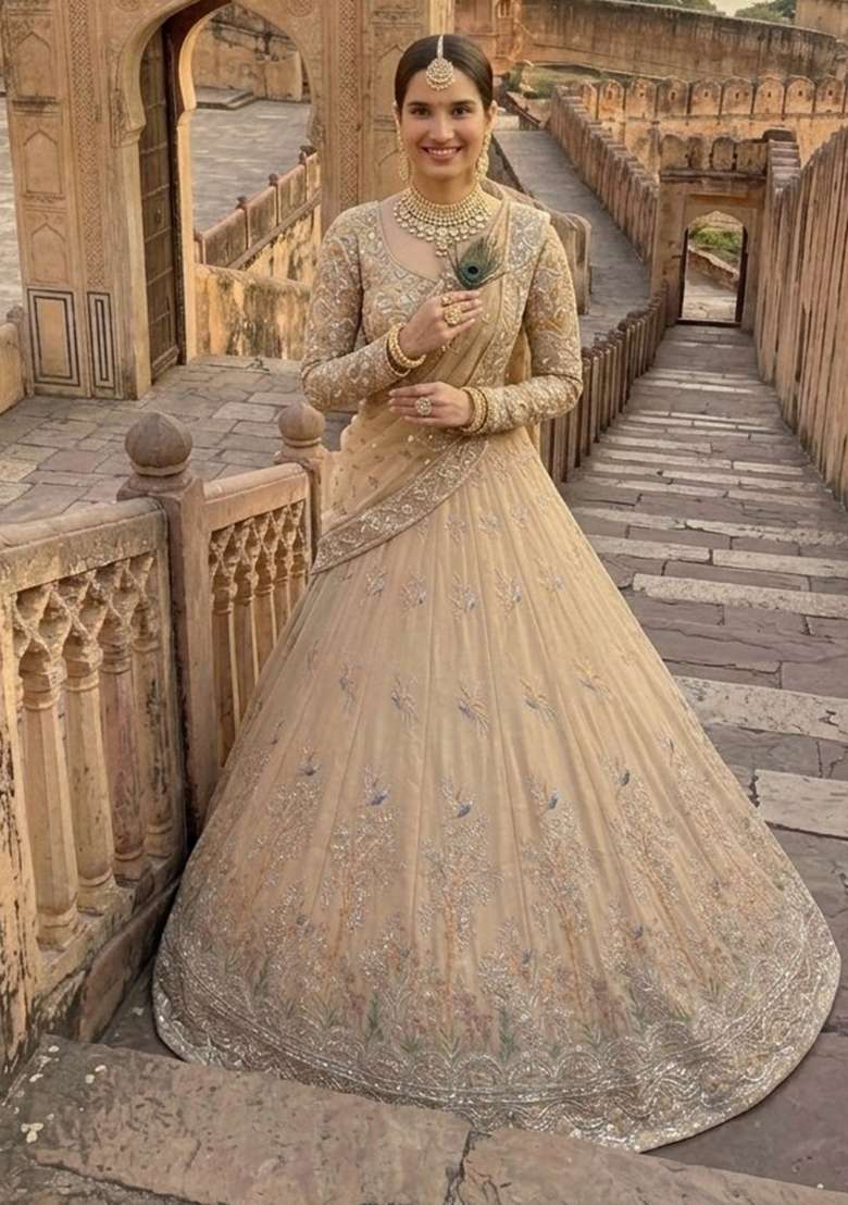 White Embroidery Silk Lehenga Set - Indya