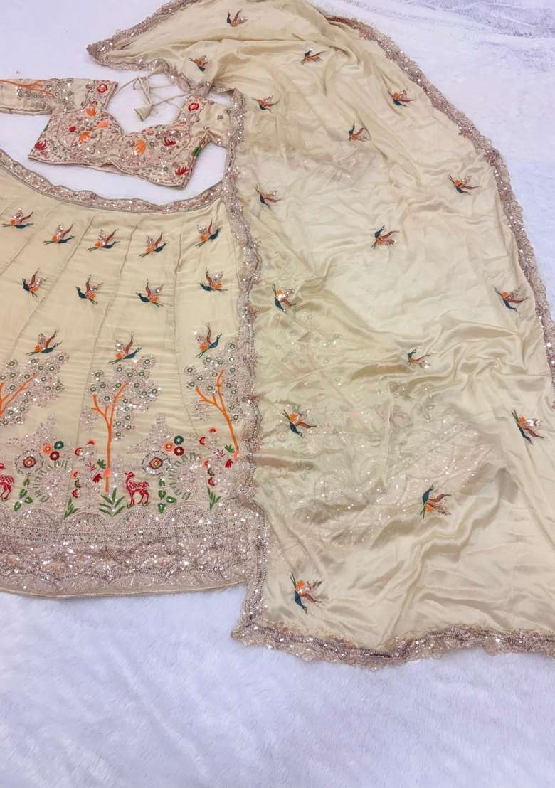 White Embroidery Silk Lehenga Set - Indya
