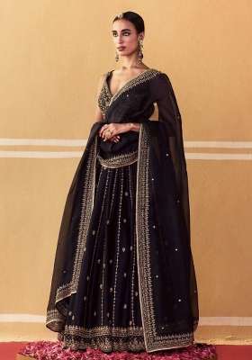 Black Embroidery Silk Lehenga Set