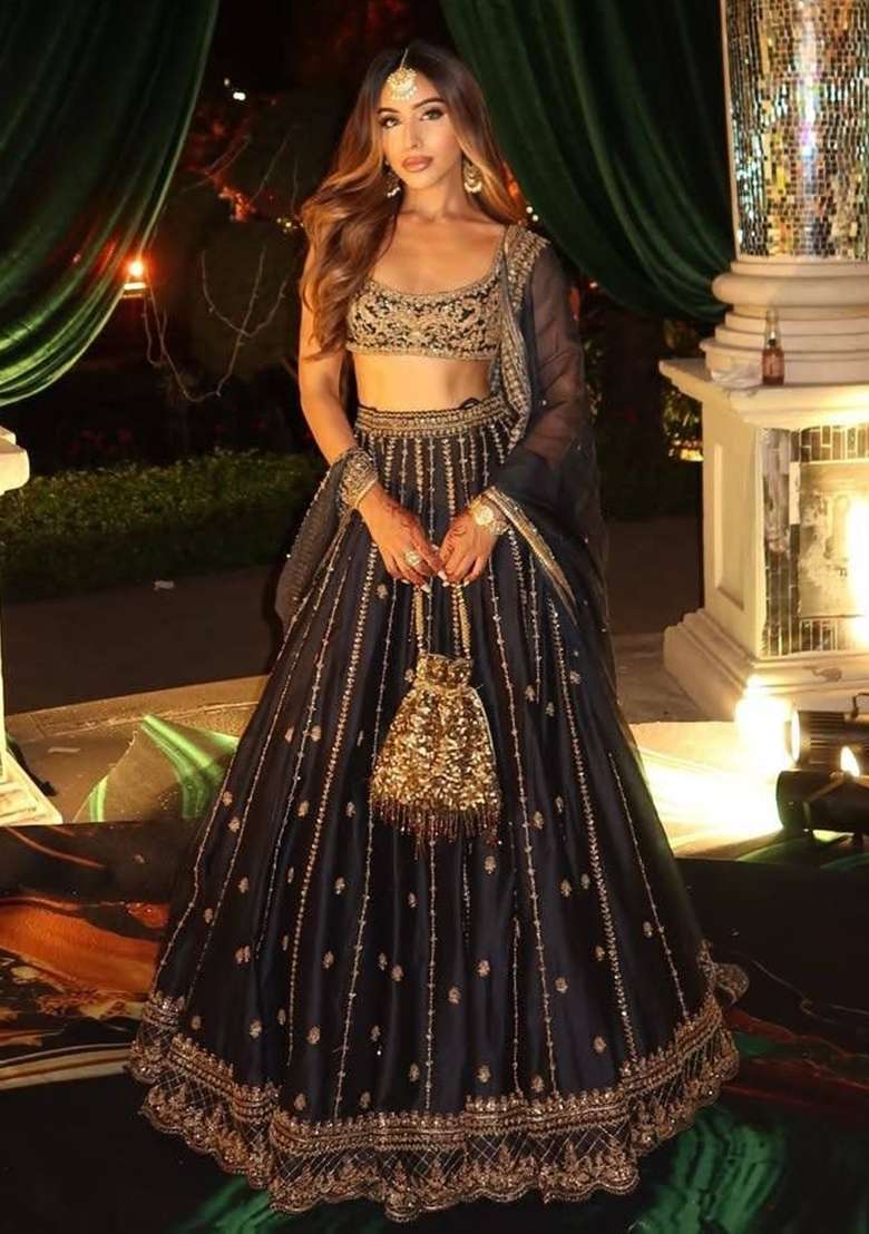 Black Embroidery Silk Lehenga Set - Indya