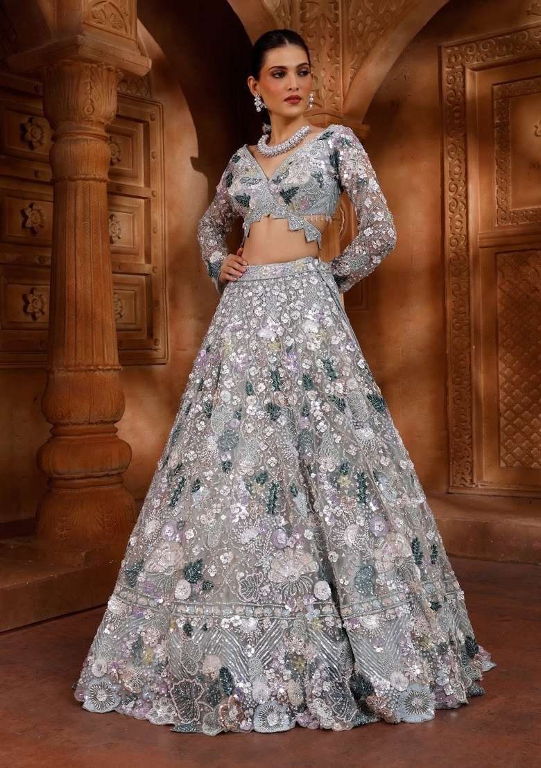 Silver Embroidery Net Lehenga Set - Indya