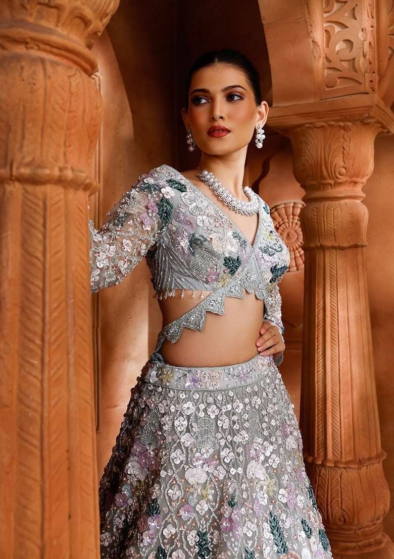 Silver Embroidery Net Lehenga Set - Indya