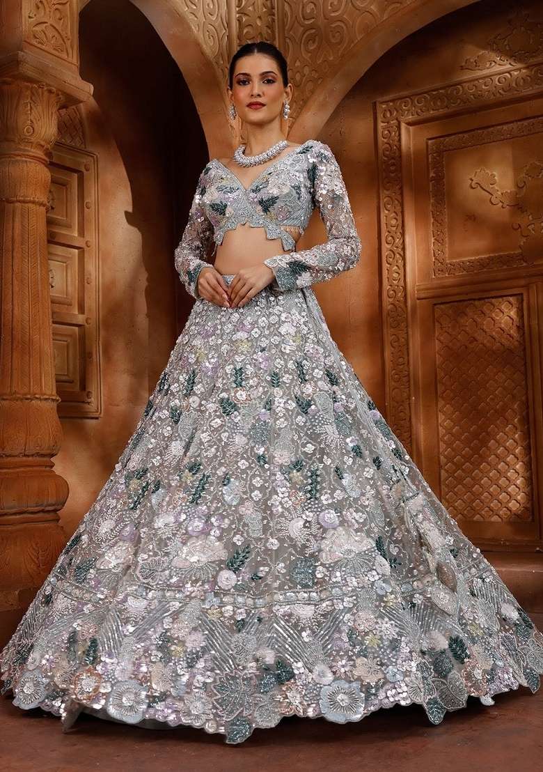 Silver Embroidery Net Lehenga Set - Indya
