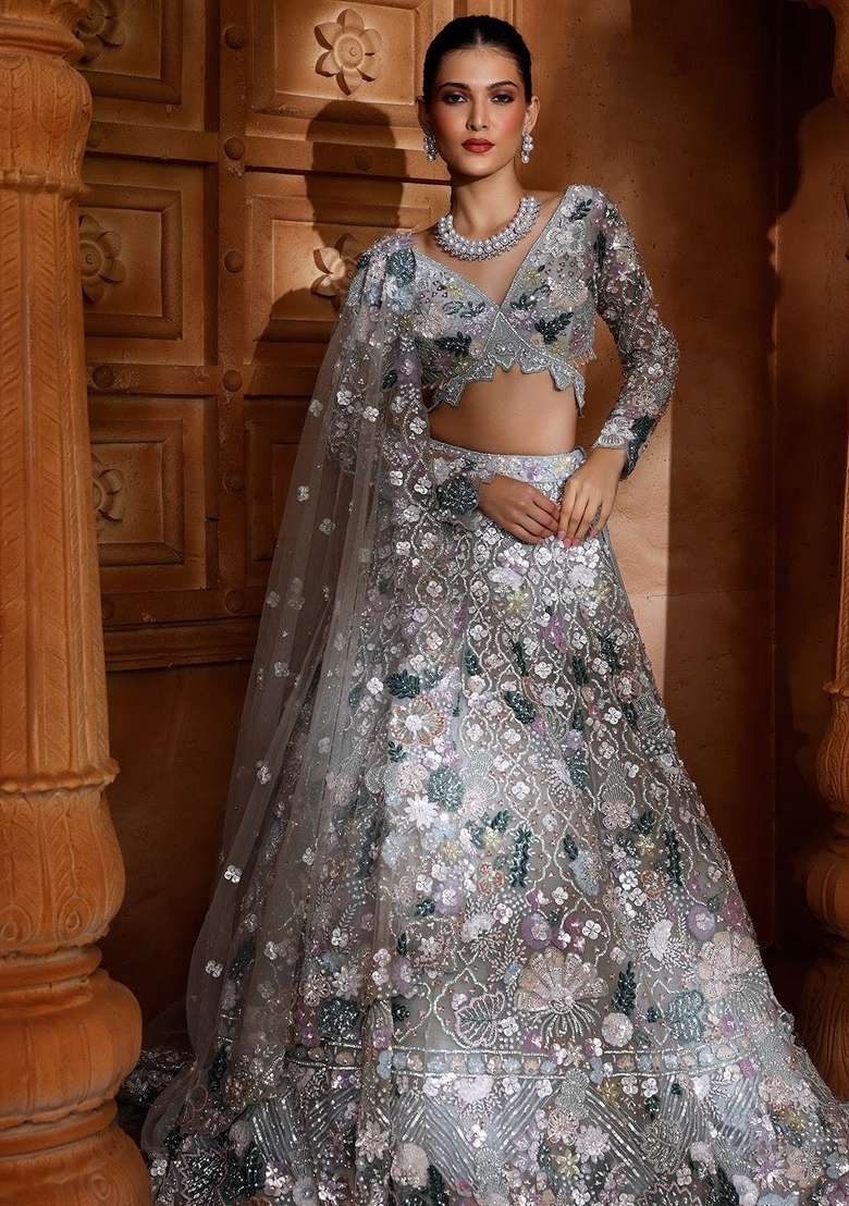 Silver Embroidery Net Lehenga Set - Indya
